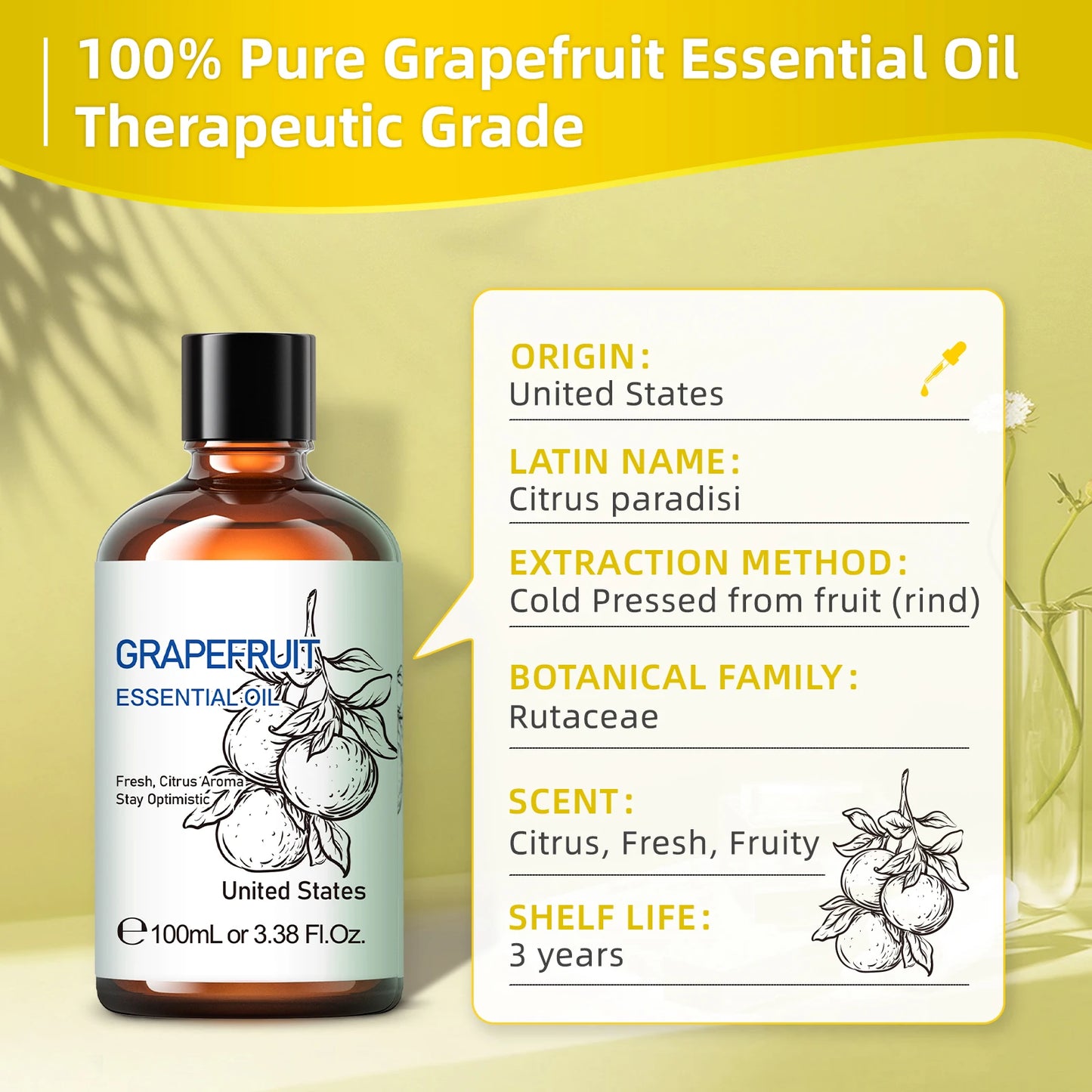 HIQILI Grapefruit Essential Oil Cold Pressed Aromatherapy