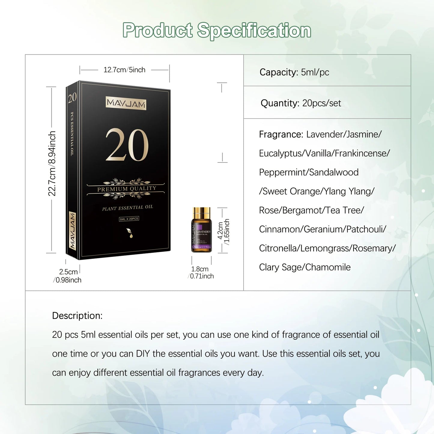 MAYJAM 20 Essential Oils Kit Lavender Jasmine Eucalyptus