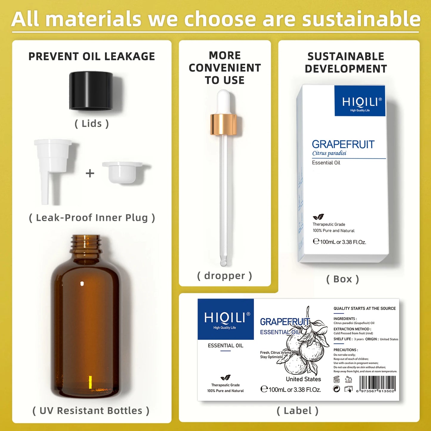 HIQILI Grapefruit Essential Oil Cold Pressed Aromatherapy