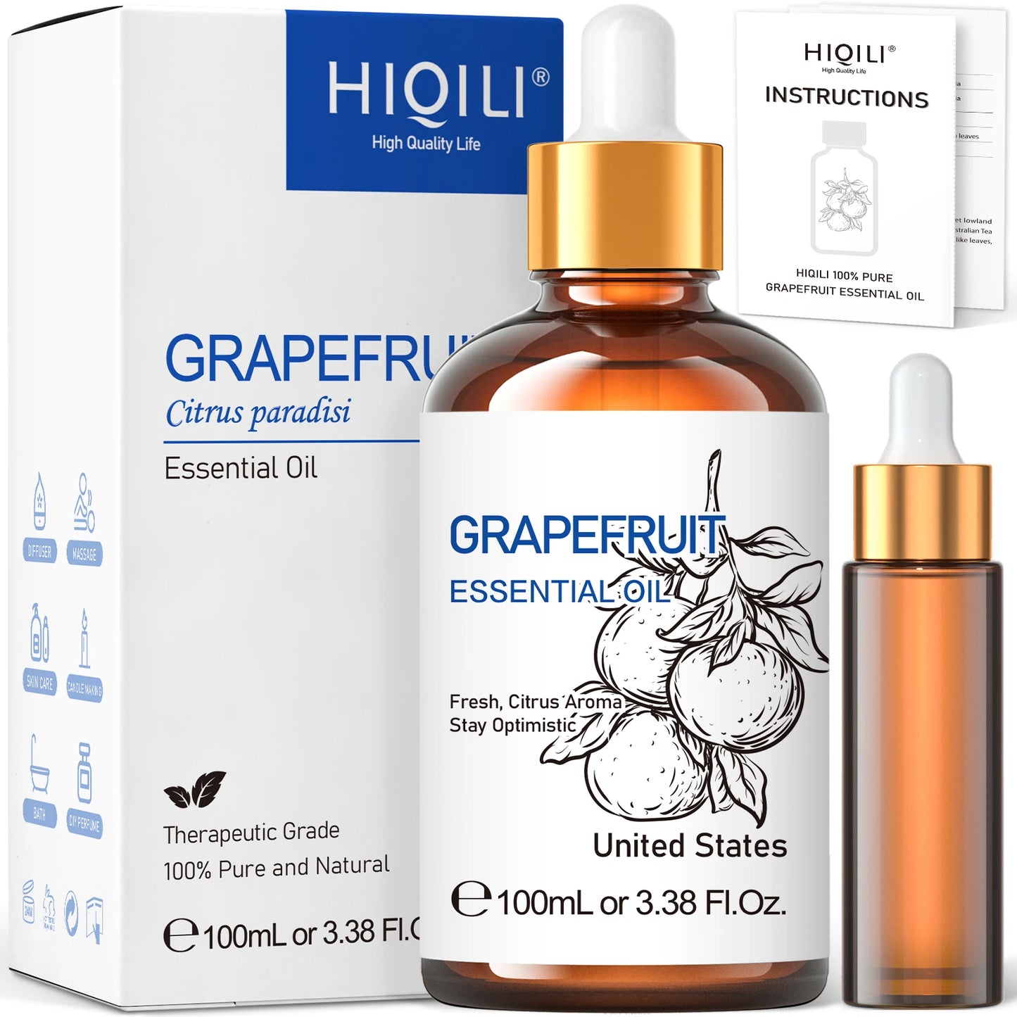 HIQILI Grapefruit Essential Oil Cold Pressed Aromatherapy