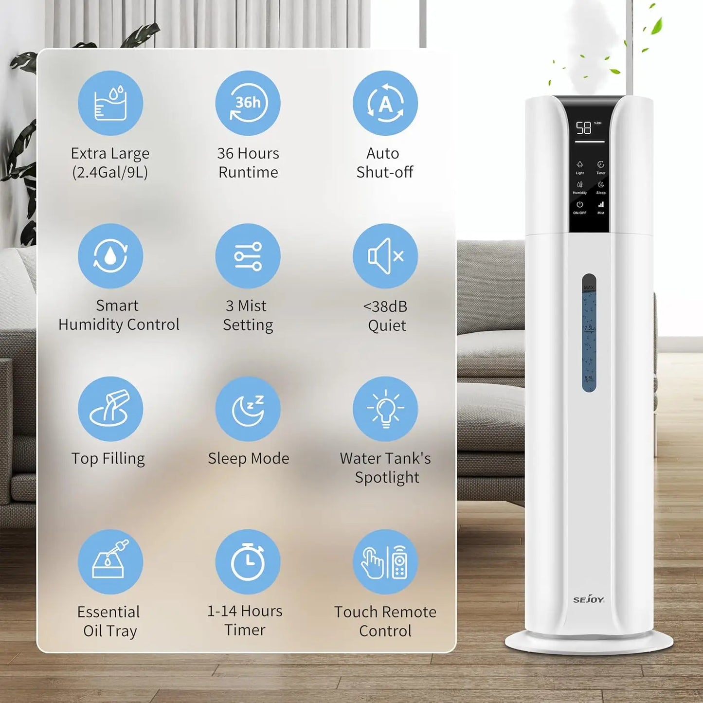 Sejoy Ultrasonic Humidifier Bedroom Essential Oil Remote